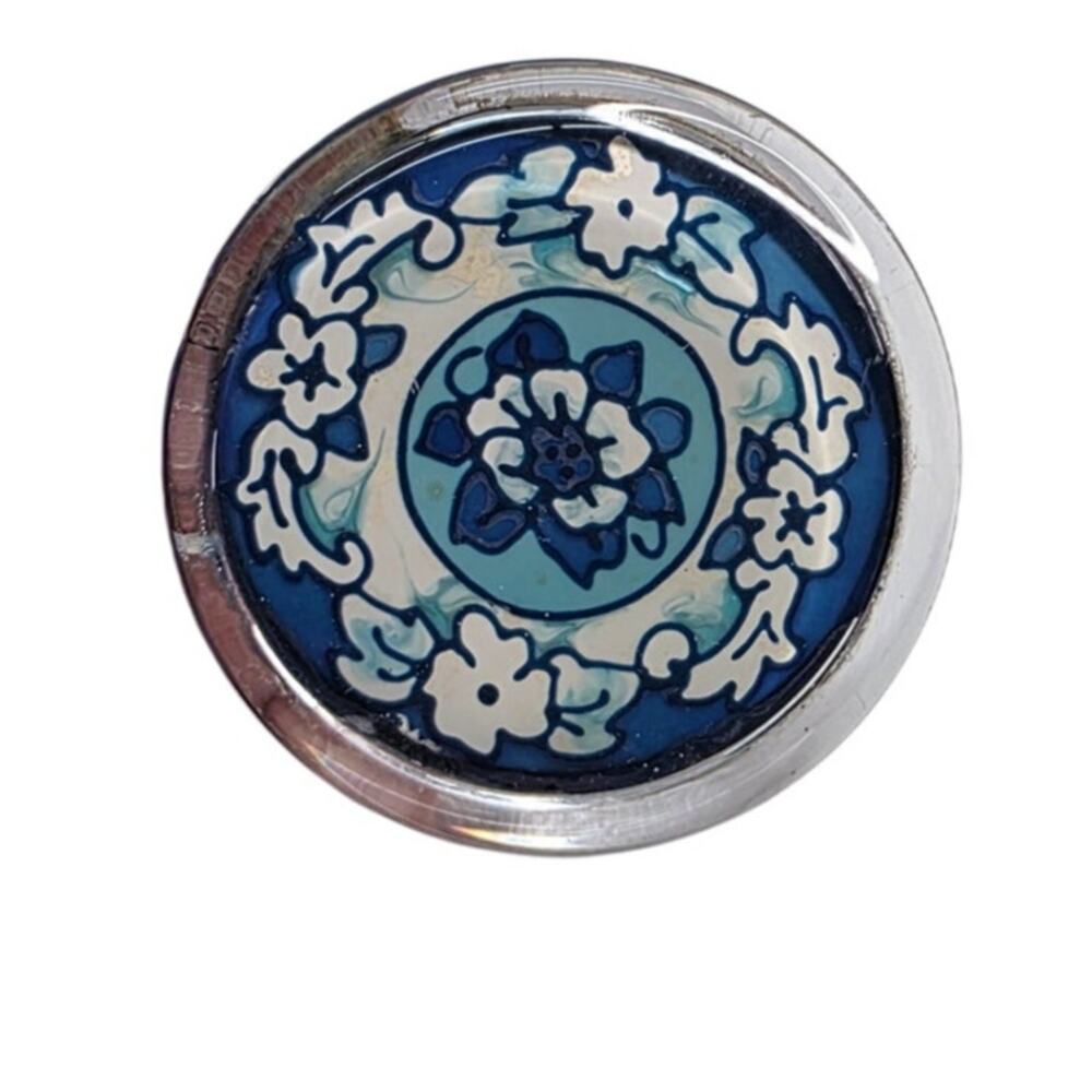 Vintage Joan Baker Designs Hand Painted Floral Glass Paperweight Blue 3.4"